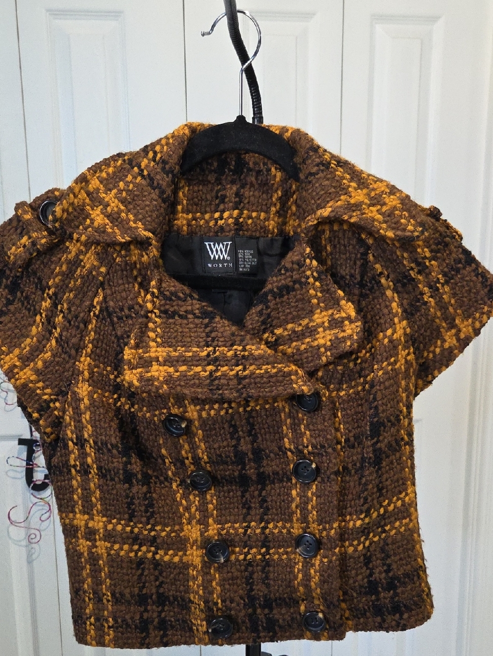 Sz 4 - Worth Brown and Mustard Checked Double-Breasted Short Coat